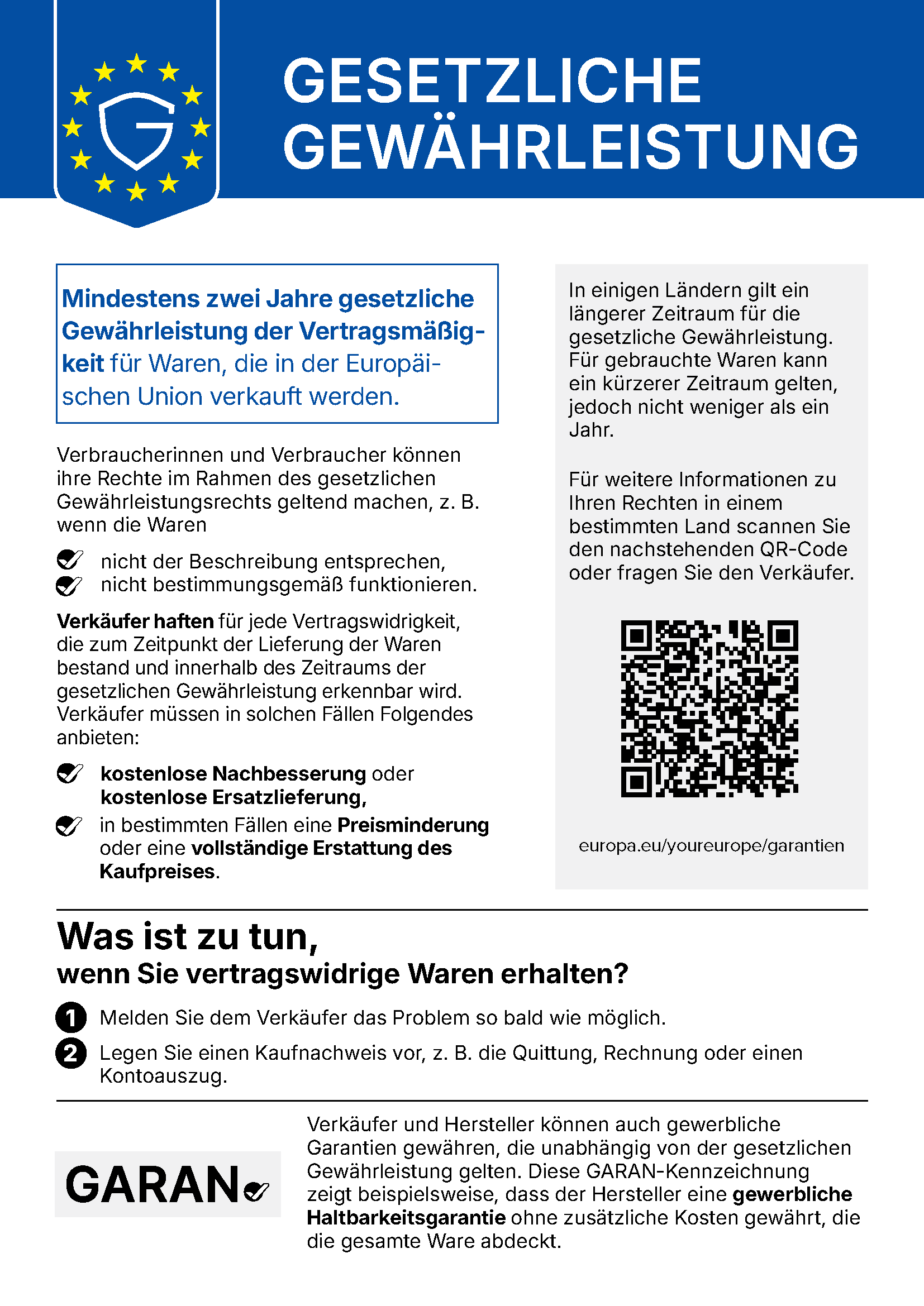 EU-Gewährleistungslabel: Für dieses Produkt gilt eine gesetzliche Gewährleistung von mindestens zwei Jahren.